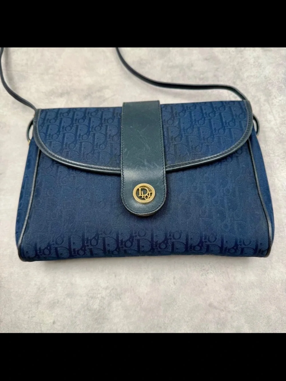 Dior Navy Monogram Shoulder Bag with Gold-Tone Logo